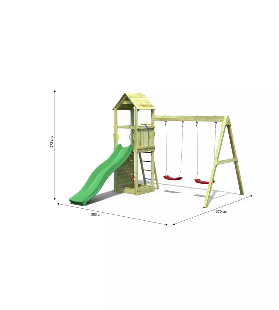 GIOCO DA ESTERNO PER BAMBINI FUNGOO "FLAPPI" CON TORRETTA CON TETTO, SCIVOLO E ALTALENA DOPPIA 303X370X272 CM